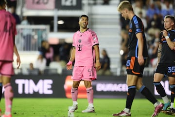 Mar 30, 2024; Fort Lauderdale, Florida, USA; Inter Miami CF forward Luis Suarez (9) reacts during the second half against New York City FC at Chase Stadium. Mandatory Credit: Sam Navarro-USA TODAY Sports